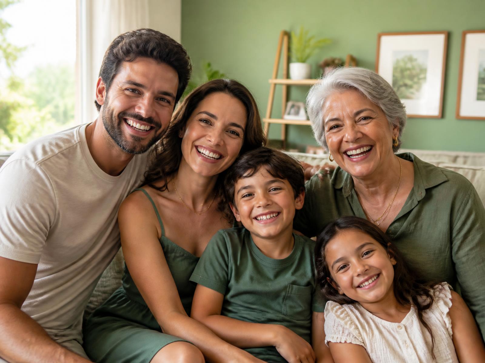 Família brasileira sorrindo junta na sala de casa
